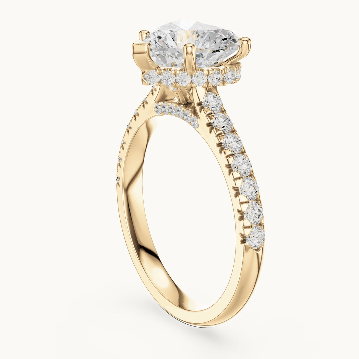Heart and round lab-grown diamond pavé solitaire engagement ring in yellow gold, 3.134 CT TW, view 1