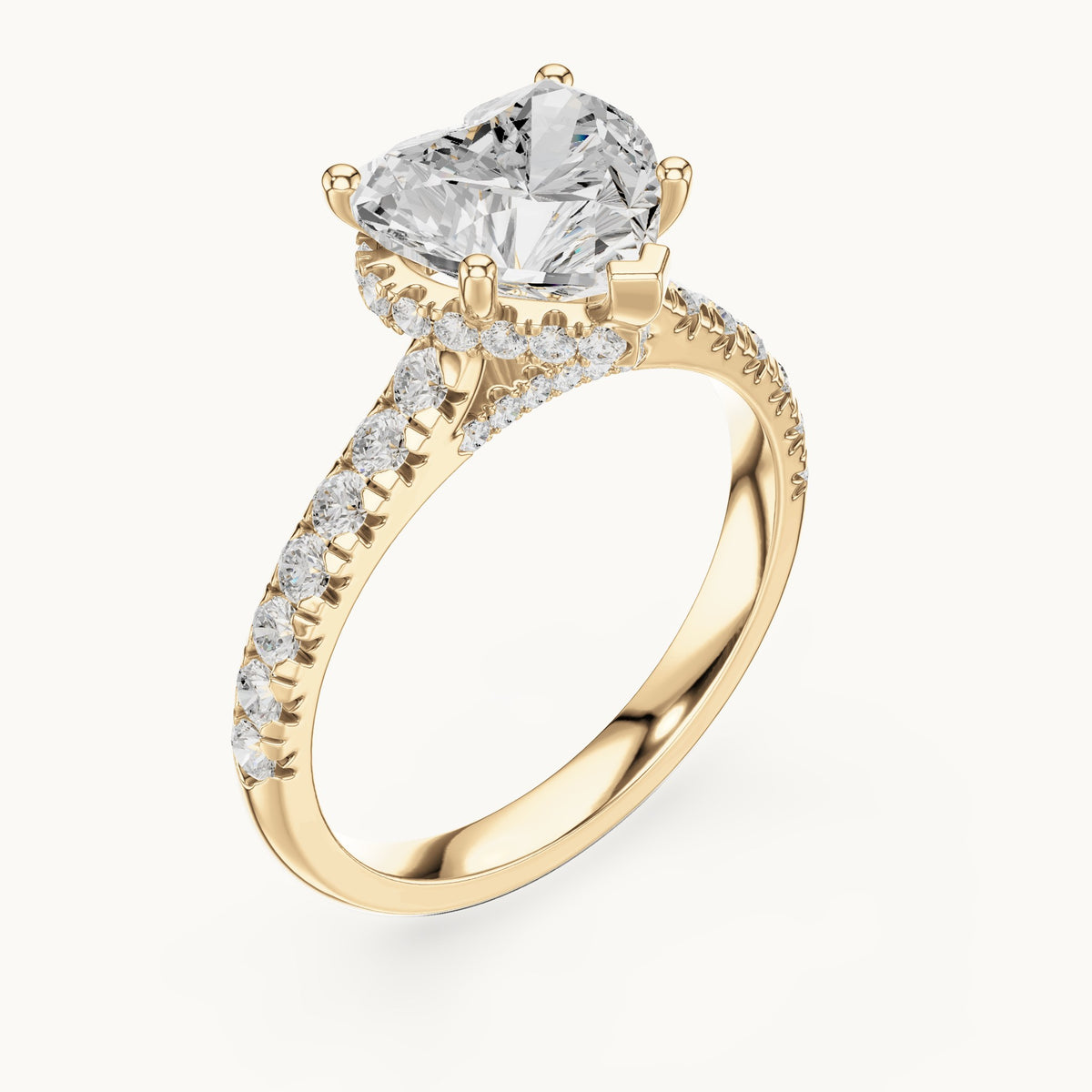 Heart and round lab-grown diamond pavé solitaire engagement ring in yellow gold, 3.134 CT TW, view 2