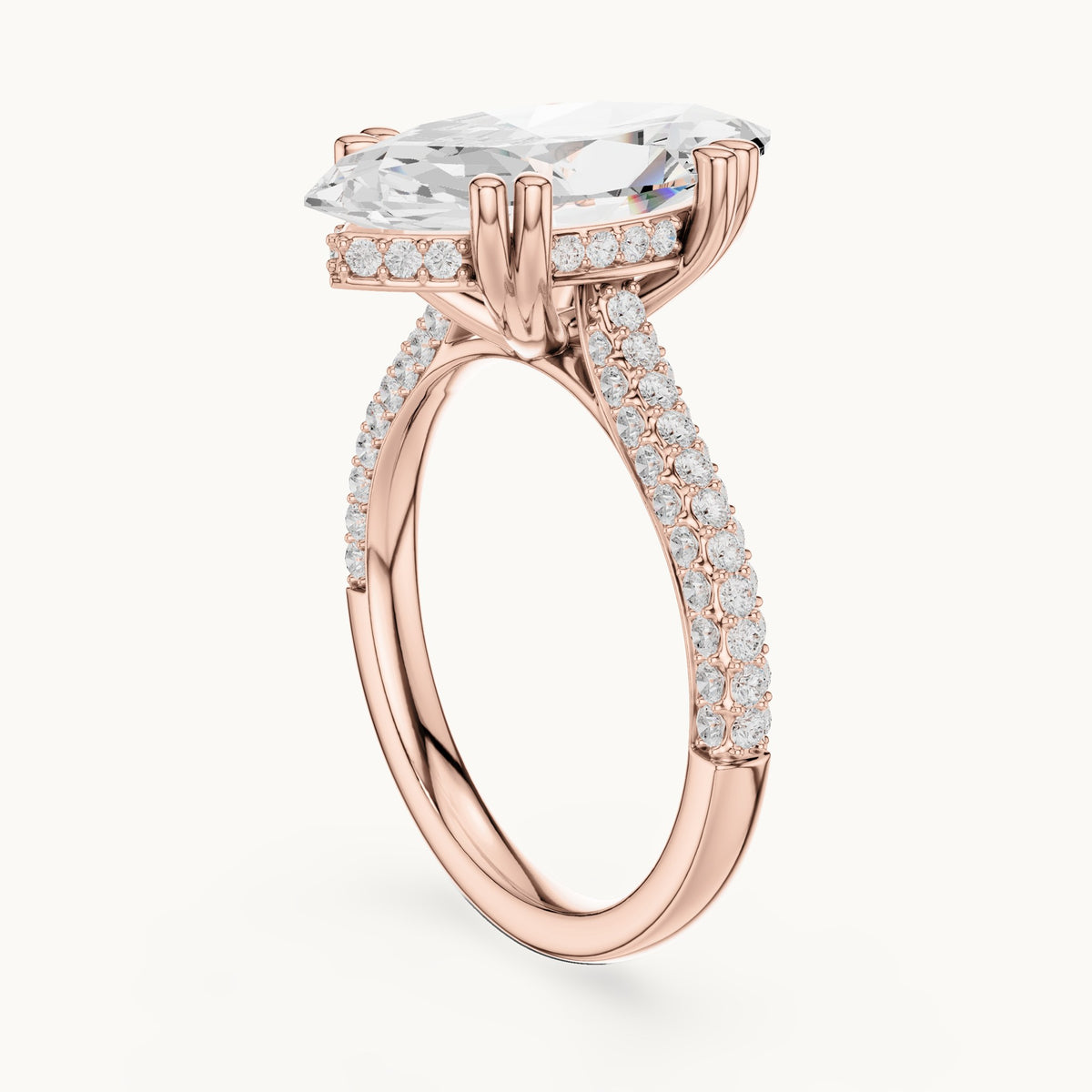 Marquise and round lab-grown diamond hidden halo double-row pavé engagement ring in rose gold, 4.584 CT TW, view 1