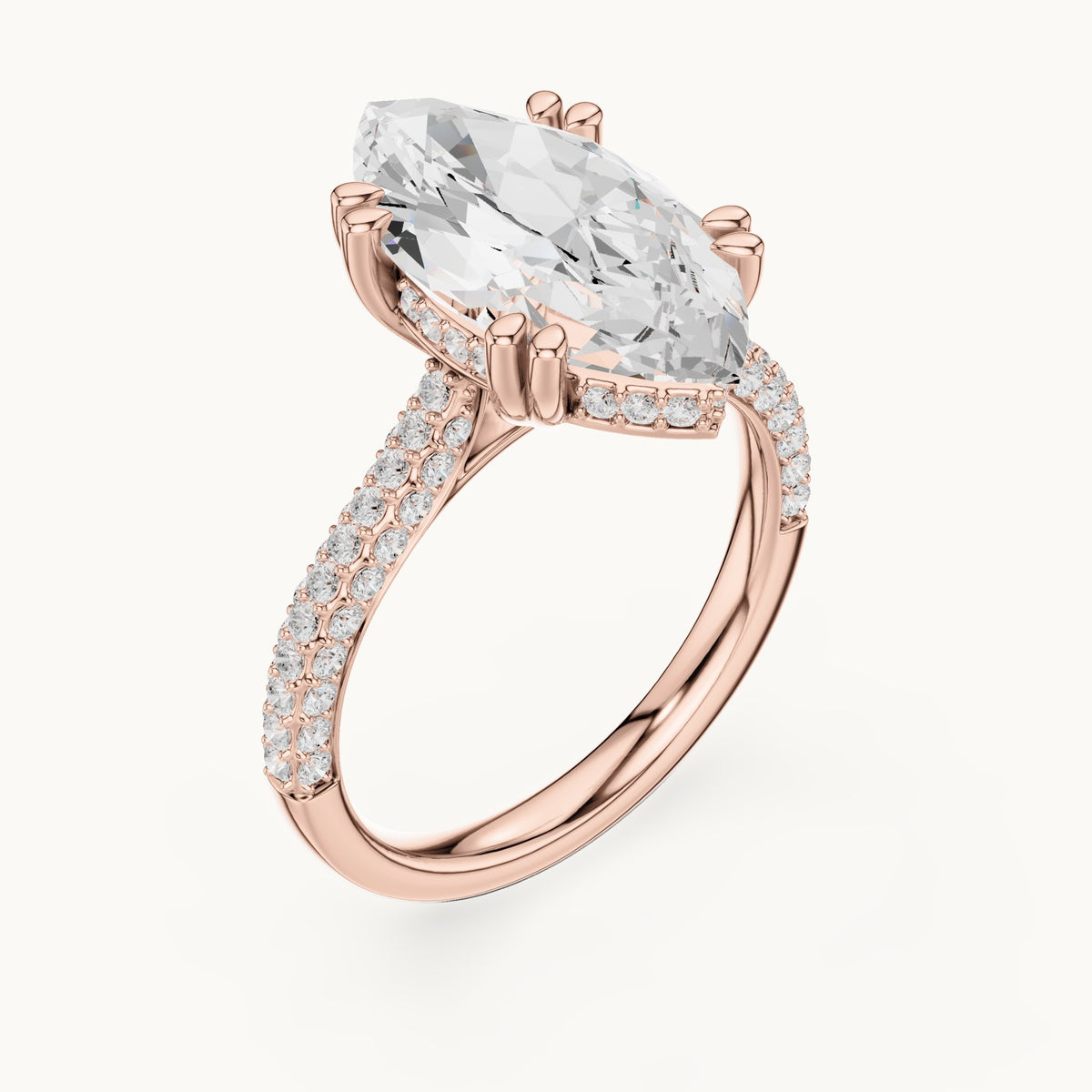Marquise and round lab-grown diamond hidden halo double-row pavé engagement ring in rose gold, 4.584 CT TW, view 2