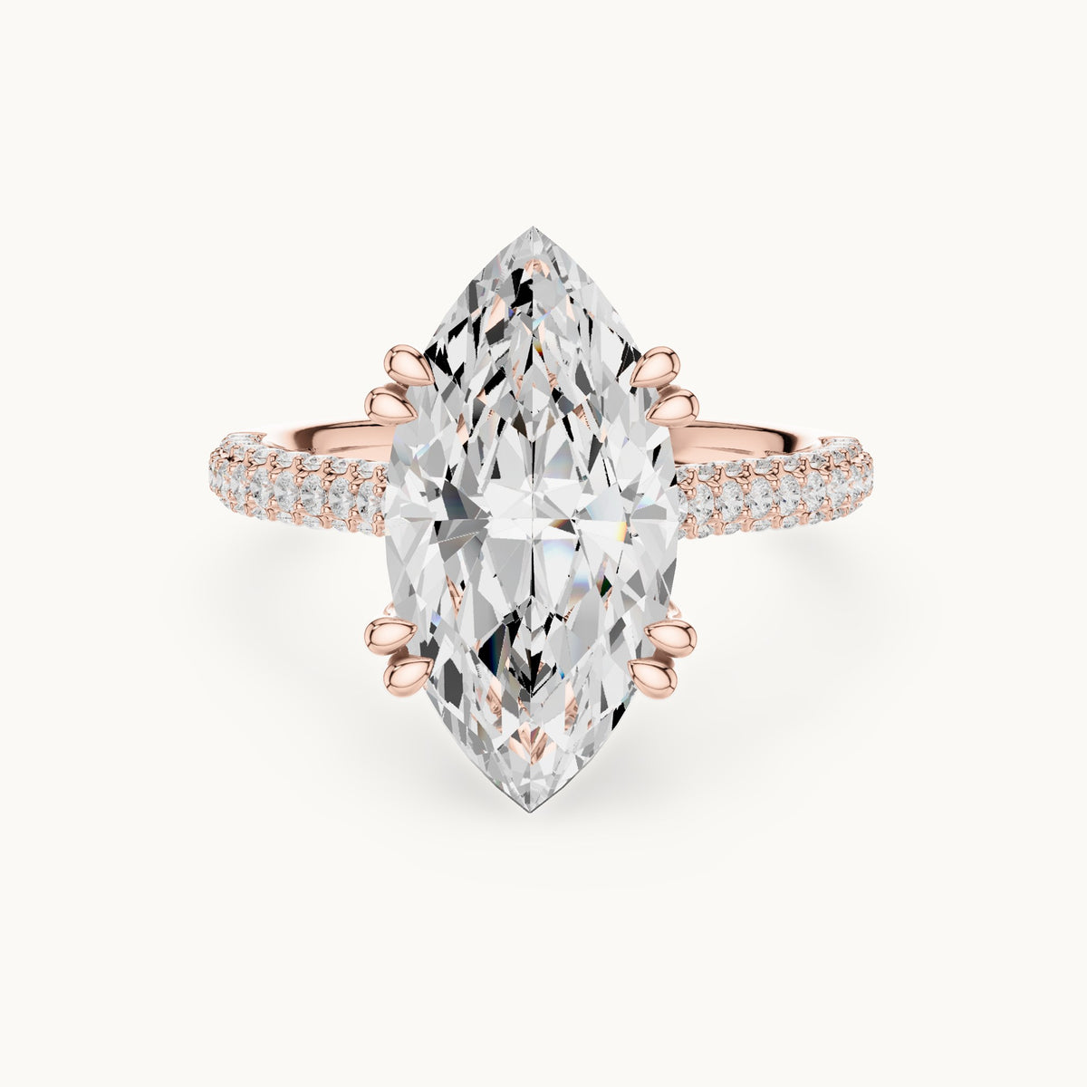 Marquise and round lab-grown diamond hidden halo double-row pavé engagement ring in rose gold, 4.584 CT TW, view 4