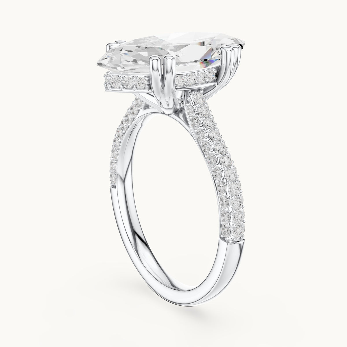 Marquise and round lab-grown diamond hidden halo double-row pavé engagement ring in white gold, 4.584 CT TW, view 1