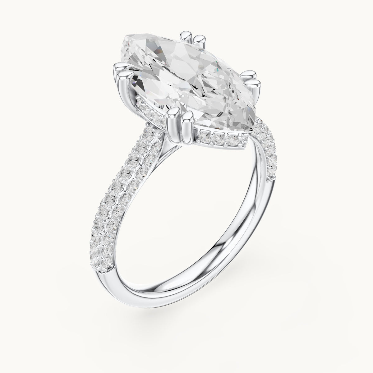 Marquise and round lab-grown diamond hidden halo double-row pavé engagement ring in white gold, 4.584 CT TW, view 2
