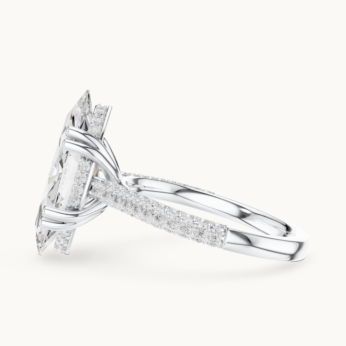 Marquise and round lab-grown diamond hidden halo double-row pavé engagement ring in white gold, 4.584 CT TW, view 3