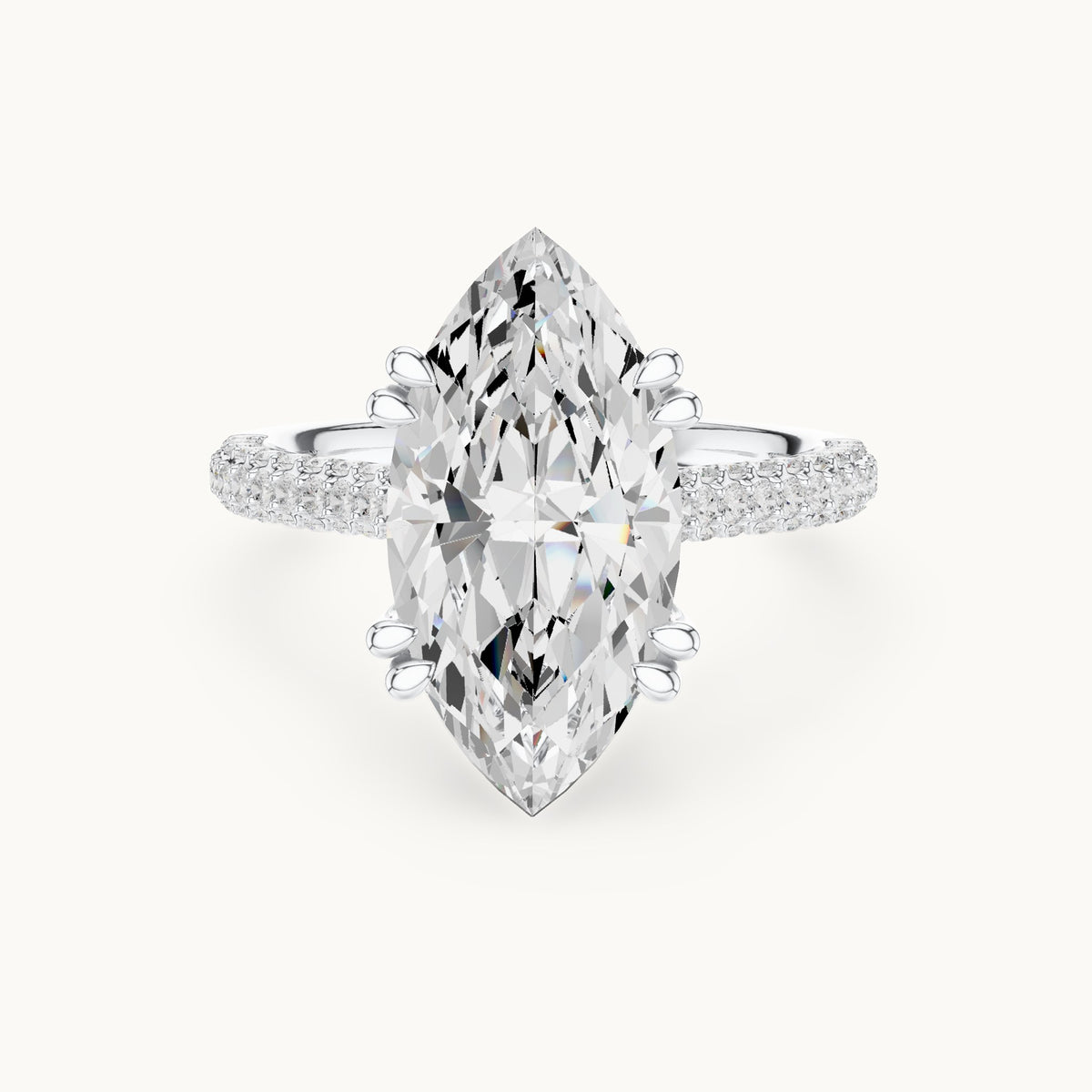 Marquise and round lab-grown diamond hidden halo double-row pavé engagement ring in white gold, 4.584 CT TW, view 4