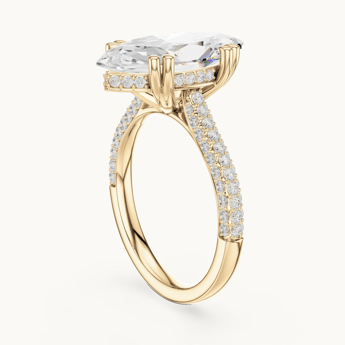 Marquise and round lab-grown diamond hidden halo double-row pavé engagement ring in yellow gold, 4.584 CT TW, view 1