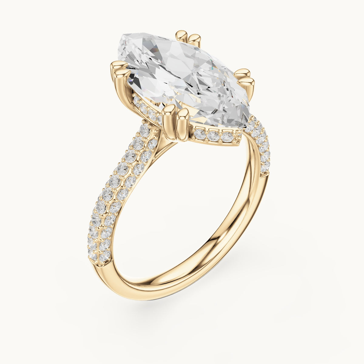 Marquise and round lab-grown diamond hidden halo double-row pavé engagement ring in yellow gold, 4.584 CT TW, view 2