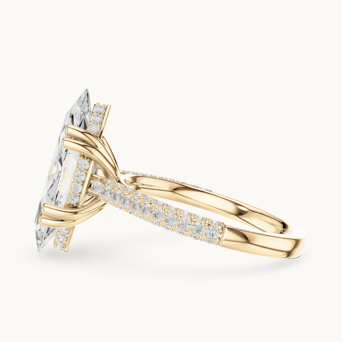Marquise and round lab-grown diamond hidden halo double-row pavé engagement ring in yellow gold, 4.584 CT TW, view 3
