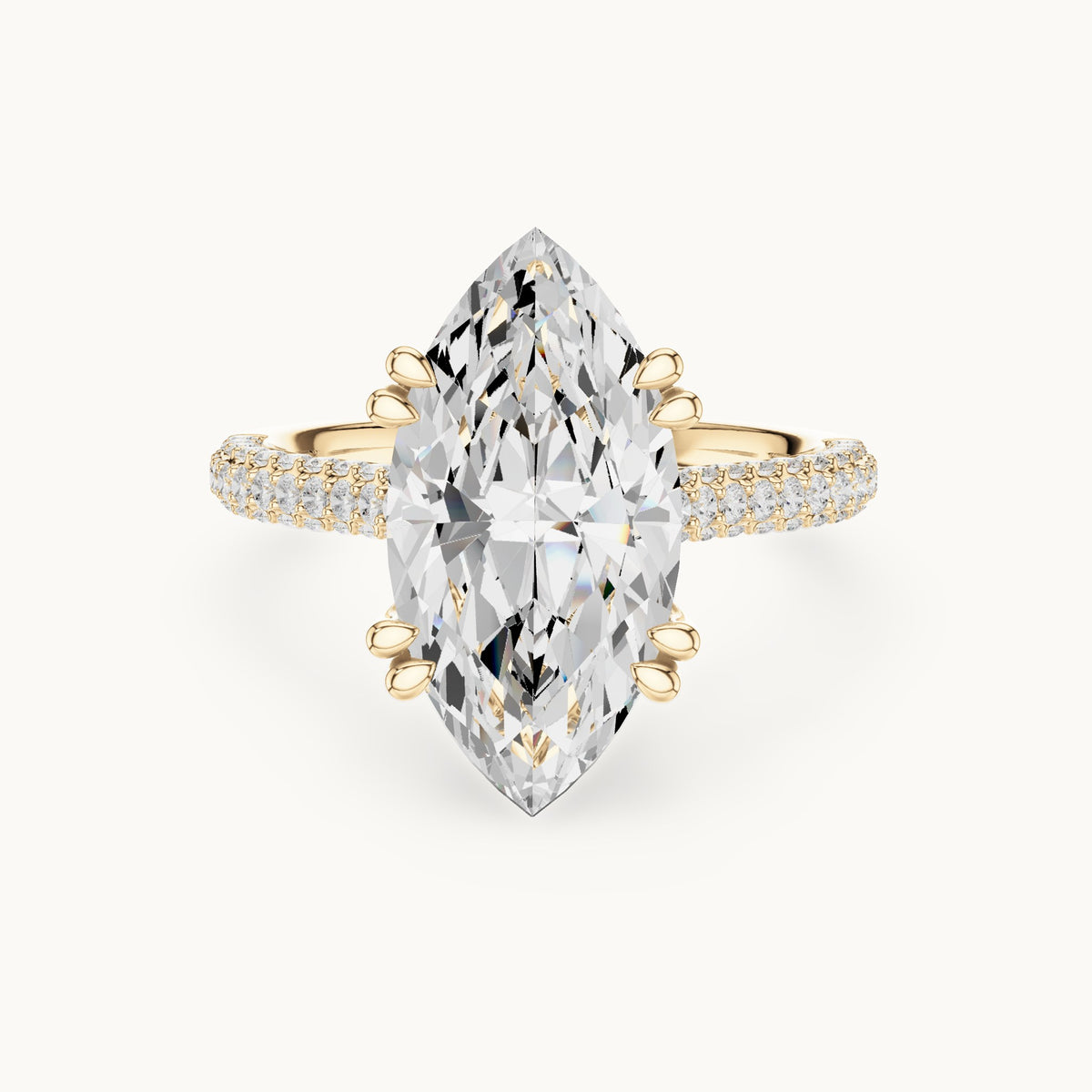 Marquise and round lab-grown diamond hidden halo double-row pavé engagement ring in yellow gold, 4.584 CT TW, view 4