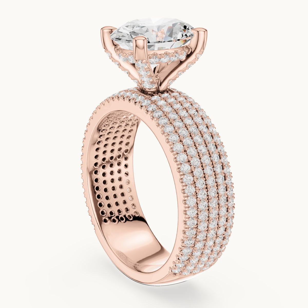 Oval and round lab-grown diamond wide multi-row pavé engagement ring in rose gold, 4.272 CT TW, view 1