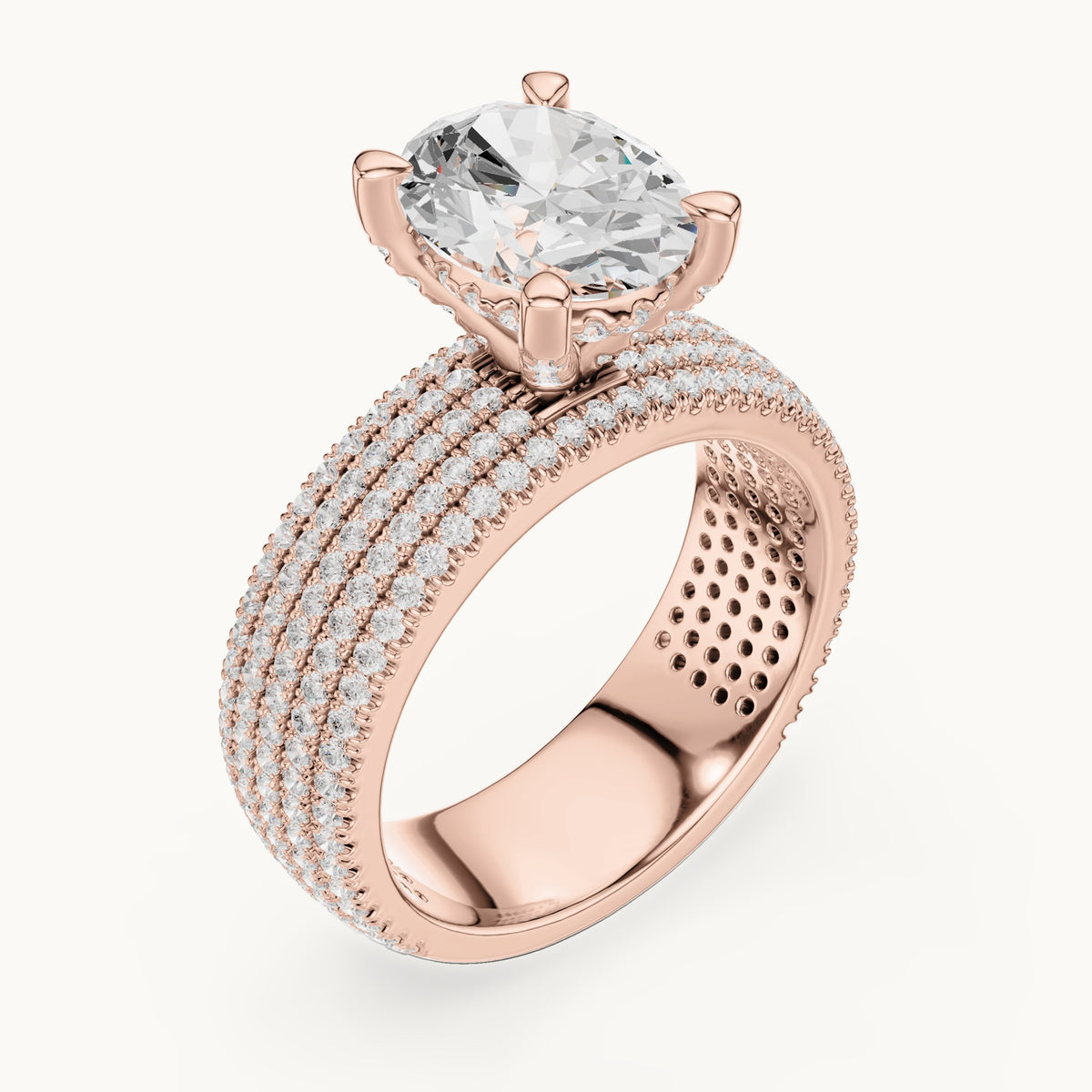 Oval and round lab-grown diamond wide multi-row pavé engagement ring in rose gold, 4.272 CT TW, view 2