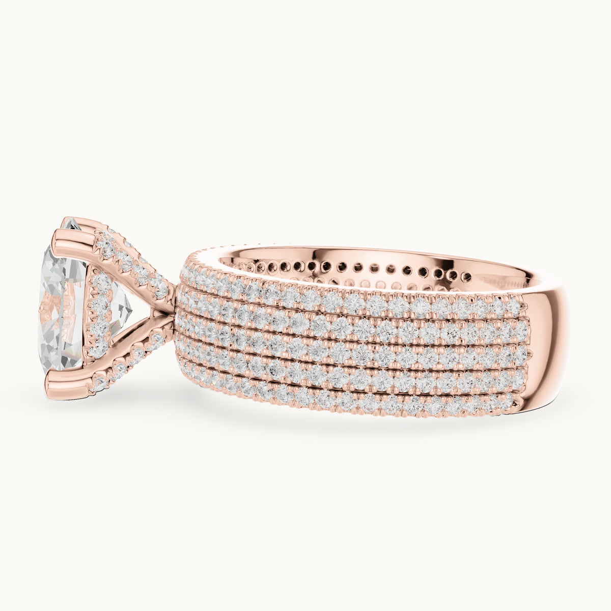 Oval and round lab-grown diamond wide multi-row pavé engagement ring in rose gold, 4.272 CT TW, view 3