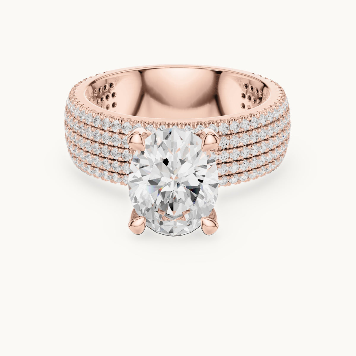Oval and round lab-grown diamond wide multi-row pavé engagement ring in rose gold, 4.272 CT TW, view 4