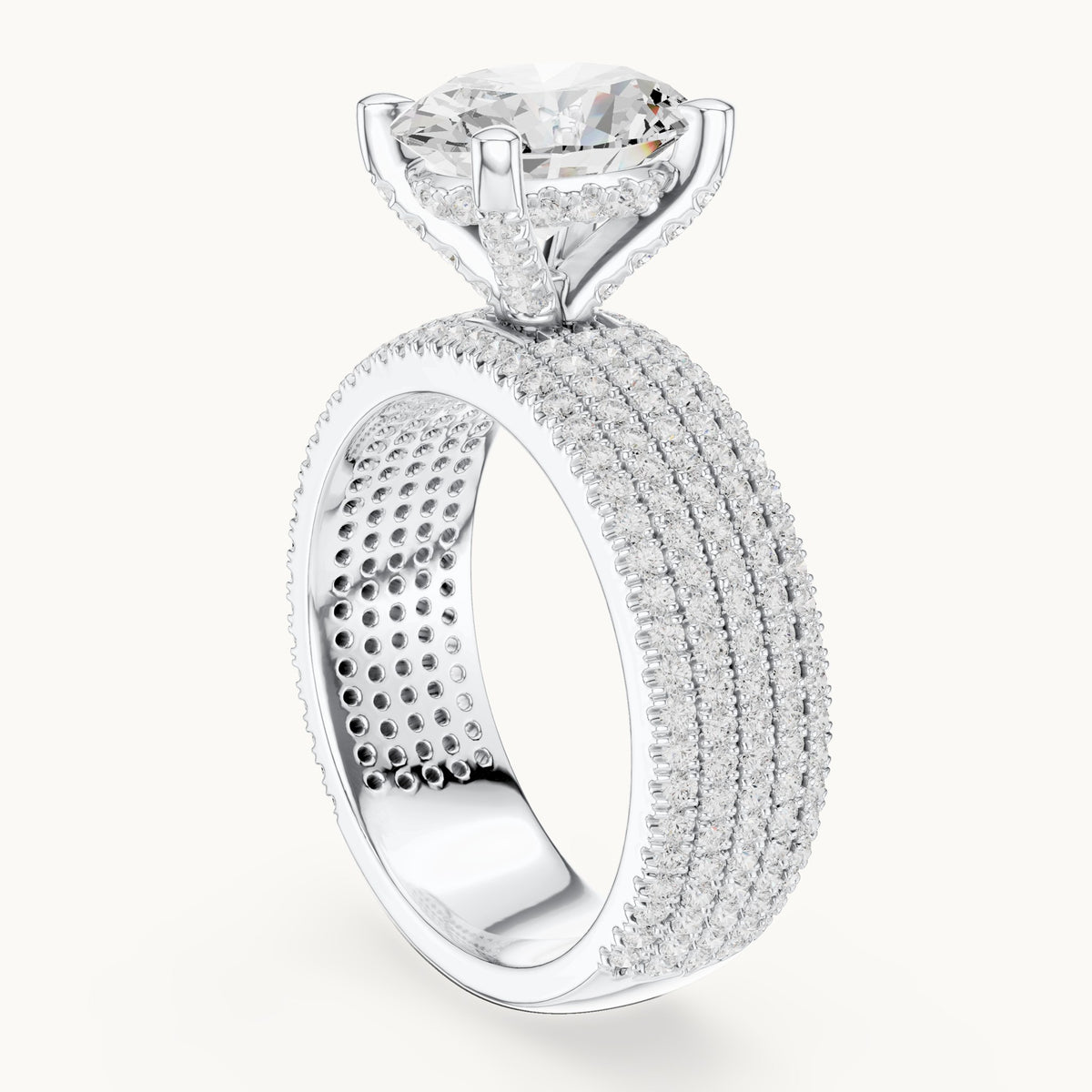 Oval and round lab-grown diamond wide multi-row pavé engagement ring in white gold, 4.272 CT TW, view 1