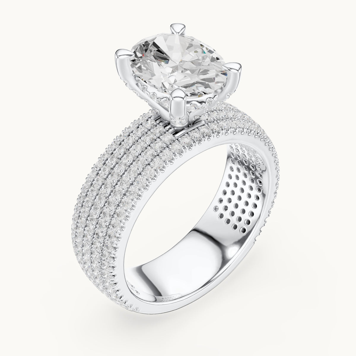 Oval and round lab-grown diamond wide multi-row pavé engagement ring in white gold, 4.272 CT TW, view 2