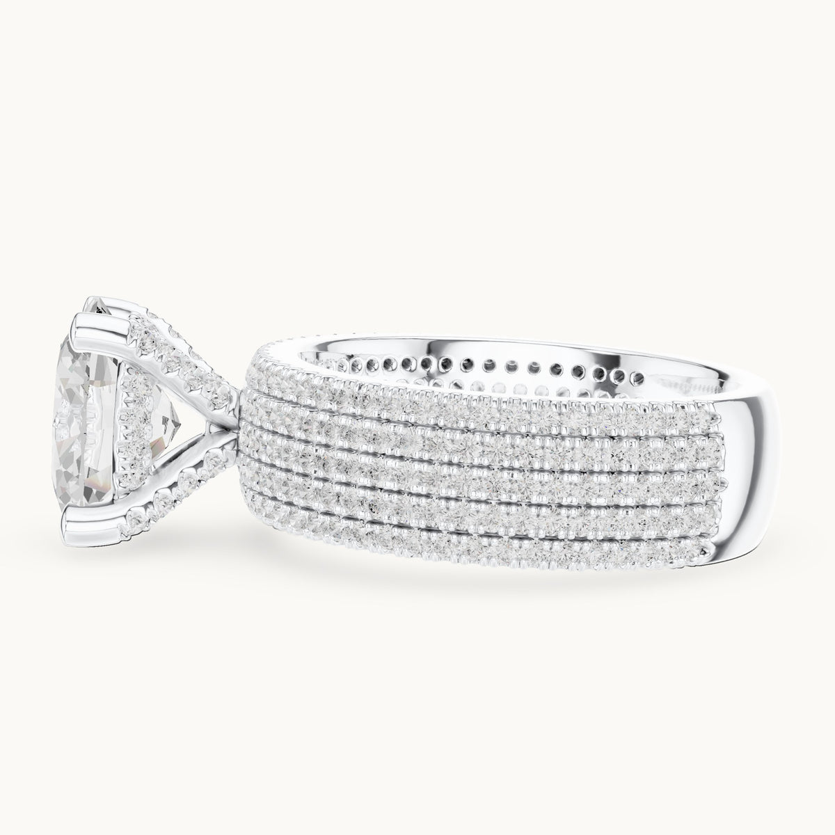 Oval and round lab-grown diamond wide multi-row pavé engagement ring in white gold, 4.272 CT TW, view 3