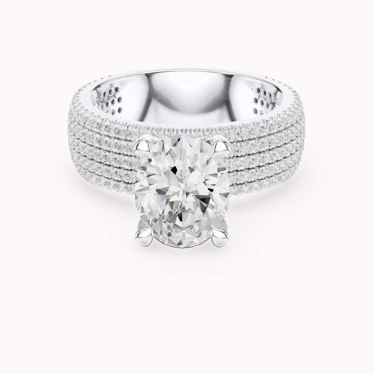 Oval and round lab-grown diamond wide multi-row pavé engagement ring in white gold, 4.272 CT TW, view 4