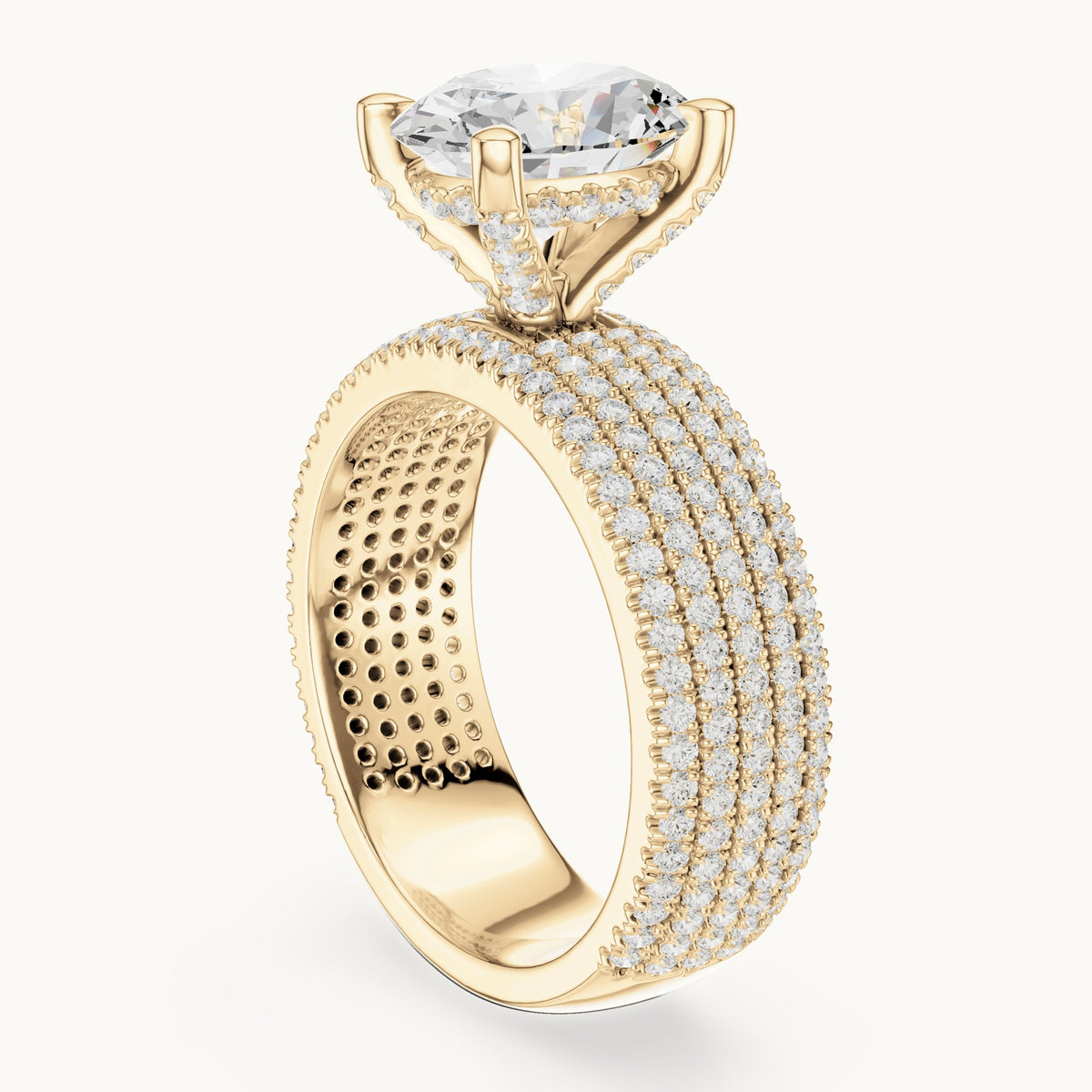 Oval and round lab-grown diamond wide multi-row pavé engagement ring in yellow gold, 4.272 CT TW, view 1