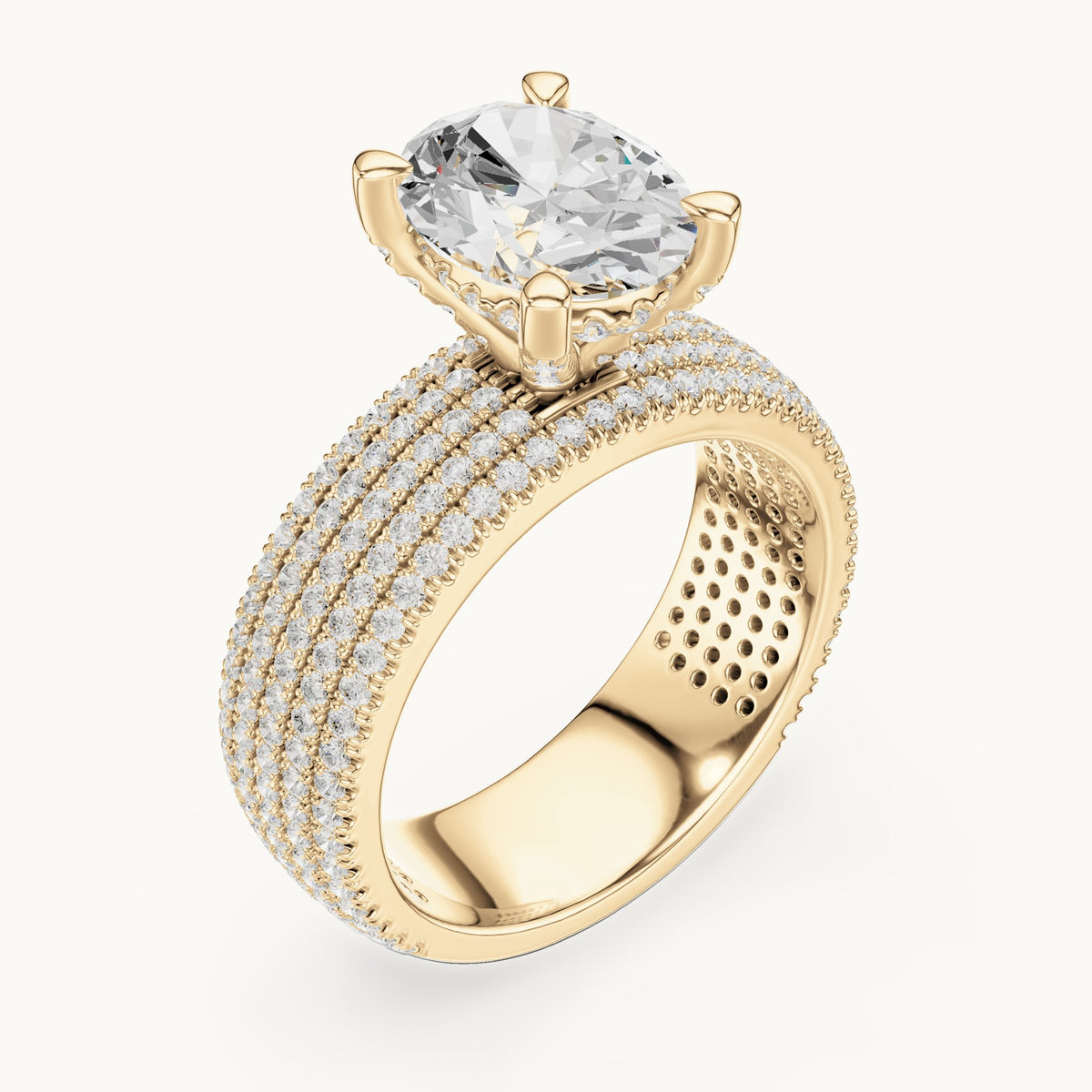 Oval and round lab-grown diamond wide multi-row pavé engagement ring in yellow gold, 4.272 CT TW, view 2