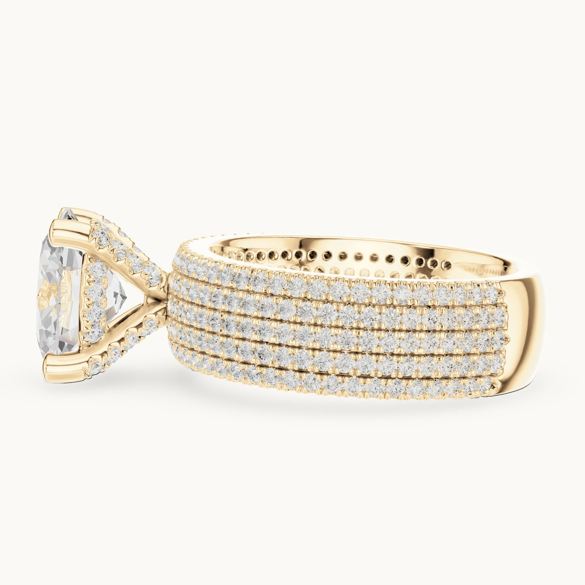 Oval and round lab-grown diamond wide multi-row pavé engagement ring in yellow gold, 4.272 CT TW, view 3