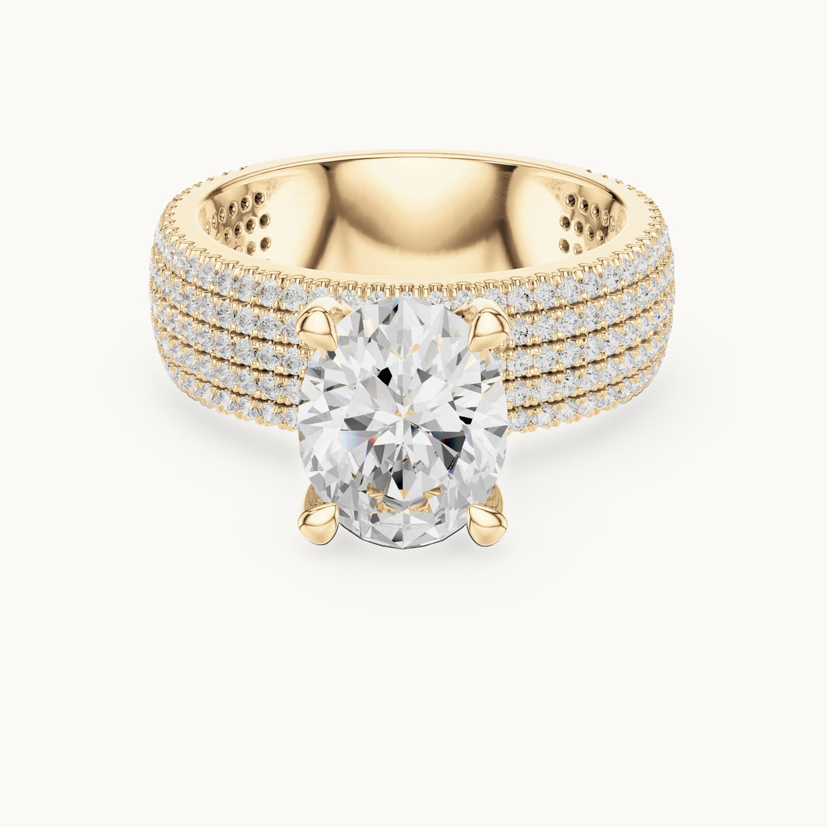 Oval and round lab-grown diamond wide multi-row pavé engagement ring in yellow gold, 4.272 CT TW, view 4