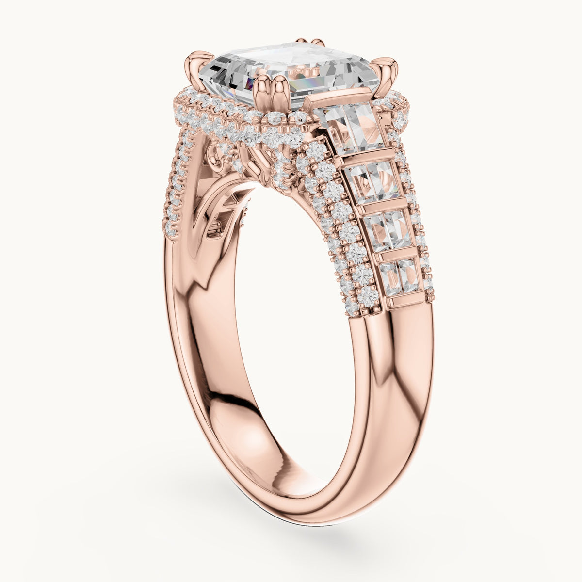 Asscher-cut, round and baguette lab-grown diamond baguette and pavé engagement ring in rose gold, 4.088 CT TW, view 1