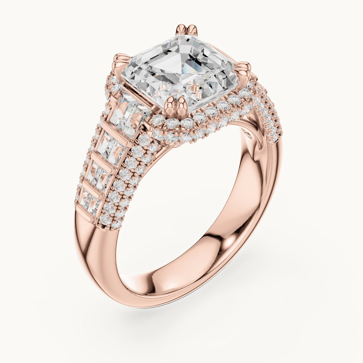 Asscher-cut, round and baguette lab-grown diamond baguette and pavé engagement ring in rose gold, 4.088 CT TW, view 2