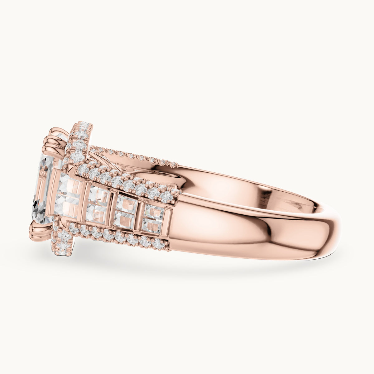 Asscher-cut, round and baguette lab-grown diamond baguette and pavé engagement ring in rose gold, 4.088 CT TW, view 3