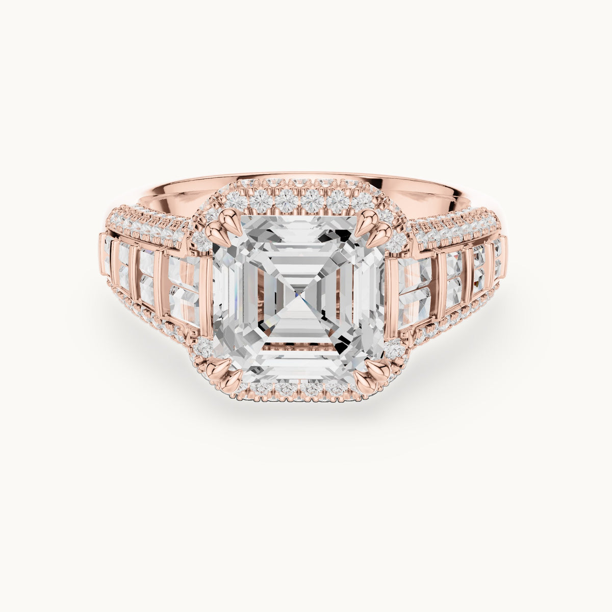 Asscher-cut, round and baguette lab-grown diamond baguette and pavé engagement ring in rose gold, 4.088 CT TW, view 4
