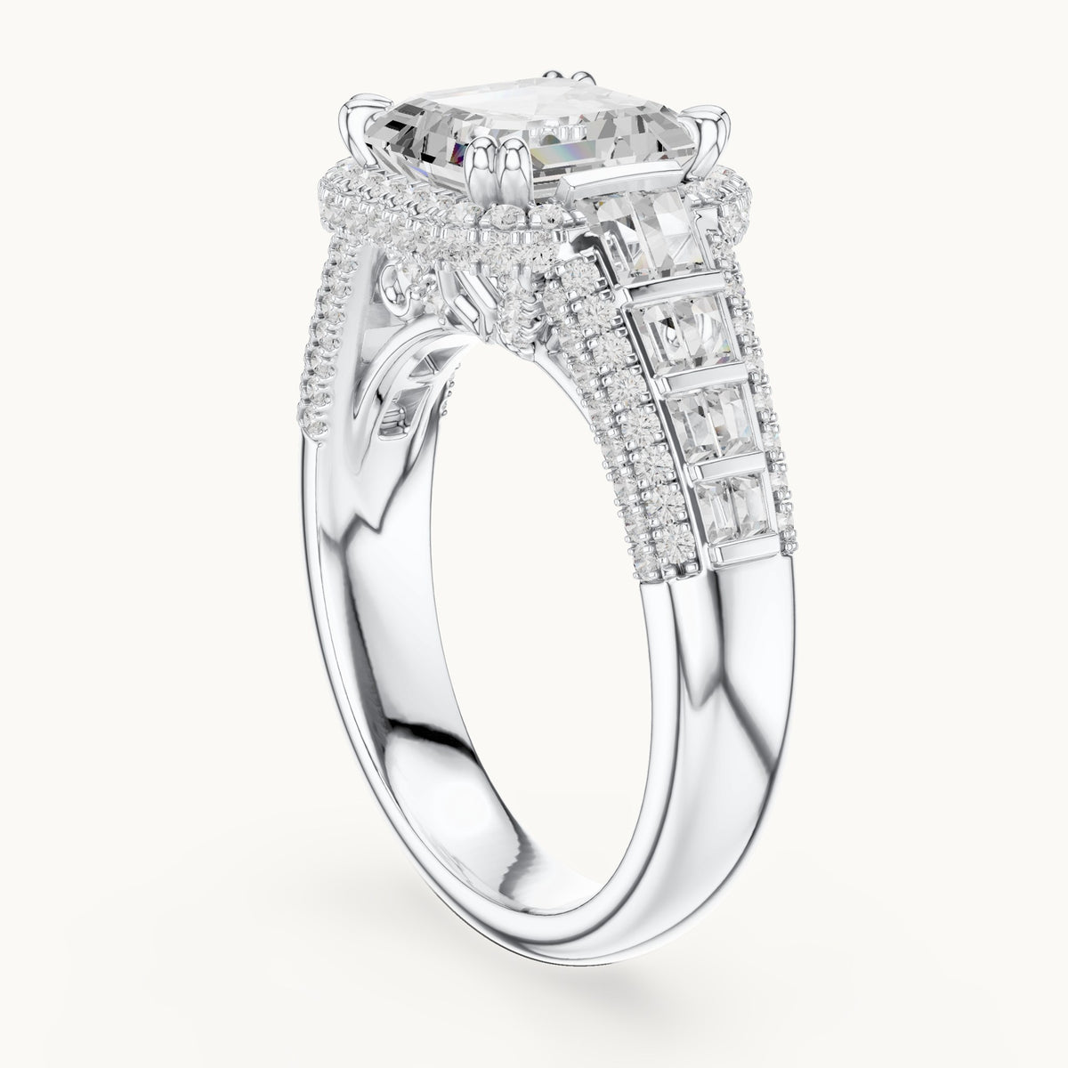 Asscher-cut, round and baguette lab-grown diamond baguette and pavé engagement ring in white gold, 4.088 CT TW, view 1