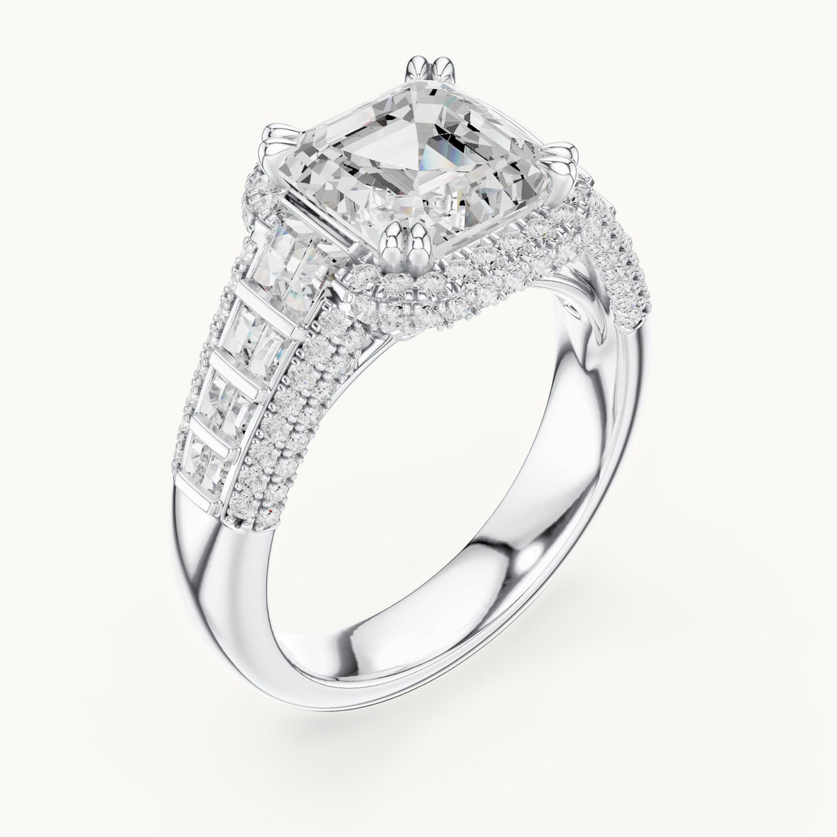 Asscher-cut, round and baguette lab-grown diamond baguette and pavé engagement ring in white gold, 4.088 CT TW, view 2
