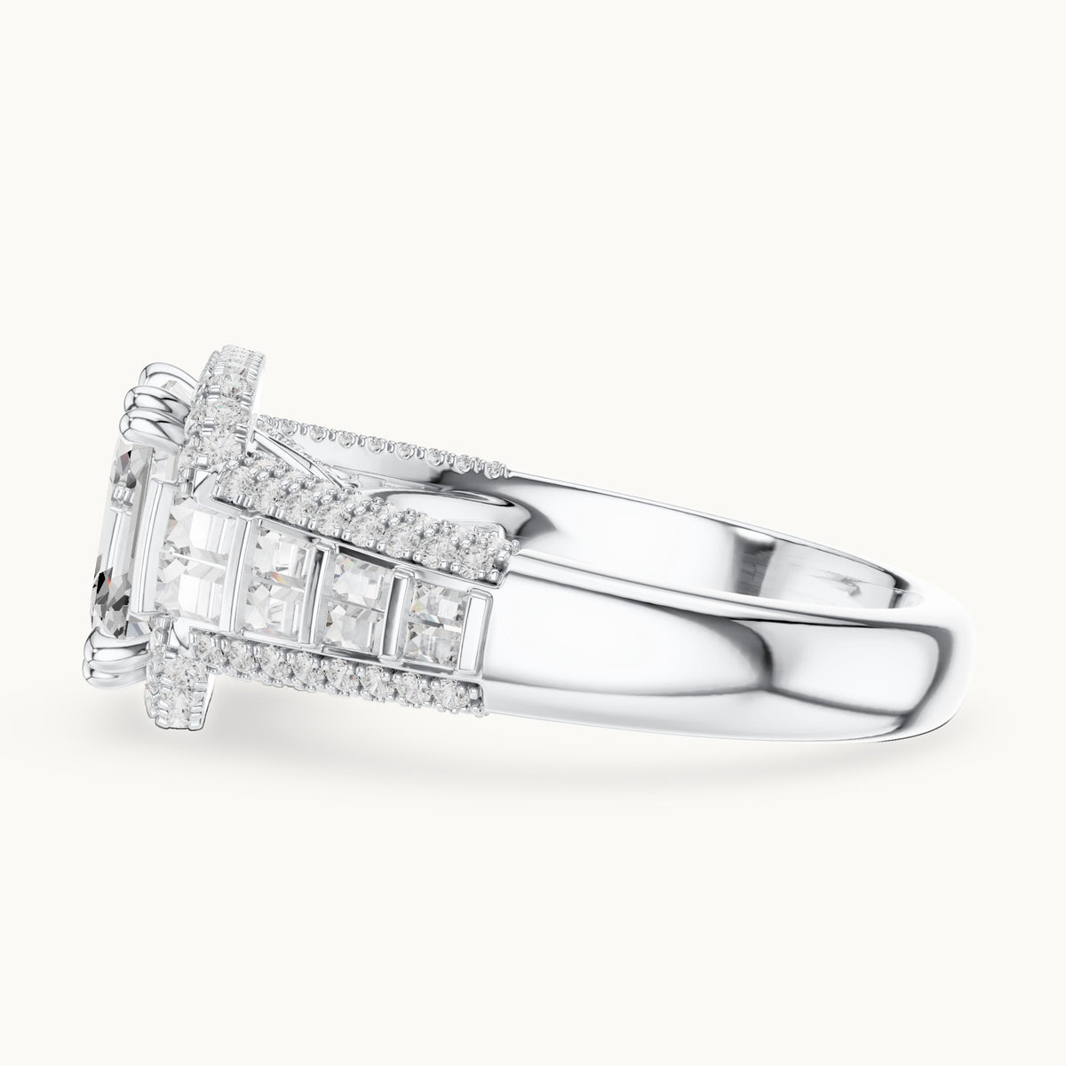 Asscher-cut, round and baguette lab-grown diamond baguette and pavé engagement ring in white gold, 4.088 CT TW, view 3