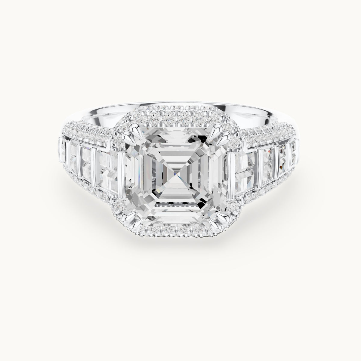 Asscher-cut, round and baguette lab-grown diamond baguette and pavé engagement ring in white gold, 4.088 CT TW, view 4