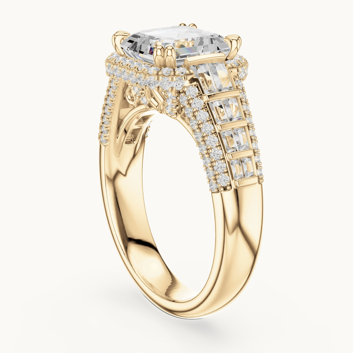 Asscher-cut, round and baguette lab-grown diamond baguette and pavé engagement ring in yellow gold, 4.088 CT TW, view 1