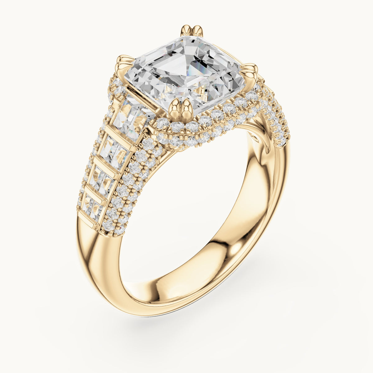 Asscher-cut, round and baguette lab-grown diamond baguette and pavé engagement ring in yellow gold, 4.088 CT TW, view 2