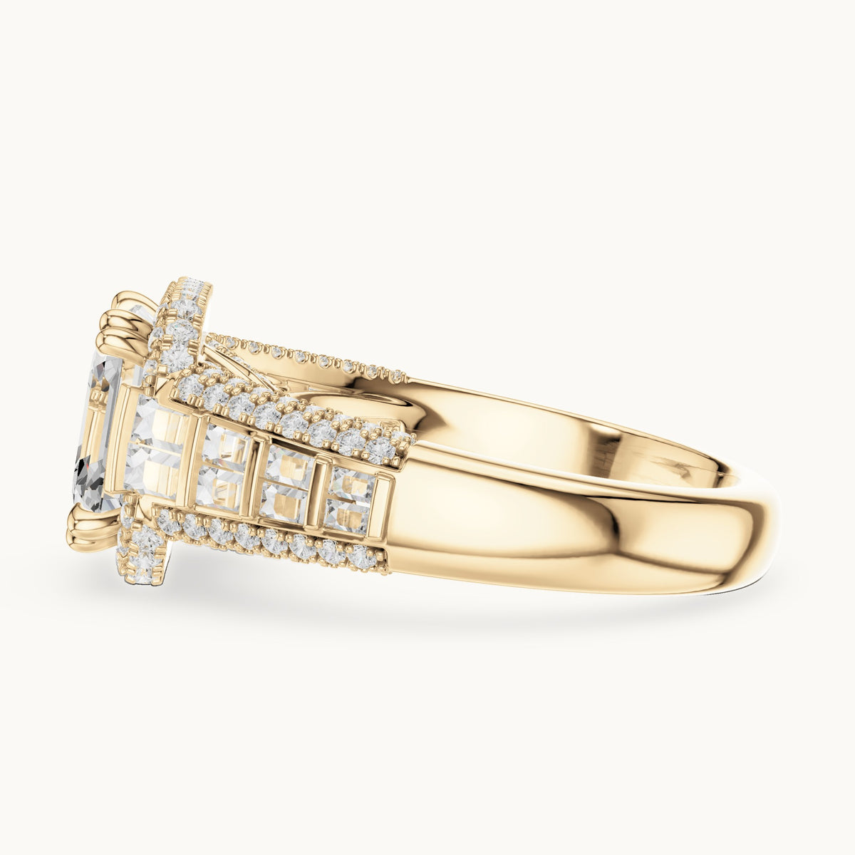 Asscher-cut, round and baguette lab-grown diamond baguette and pavé engagement ring in yellow gold, 4.088 CT TW, view 3