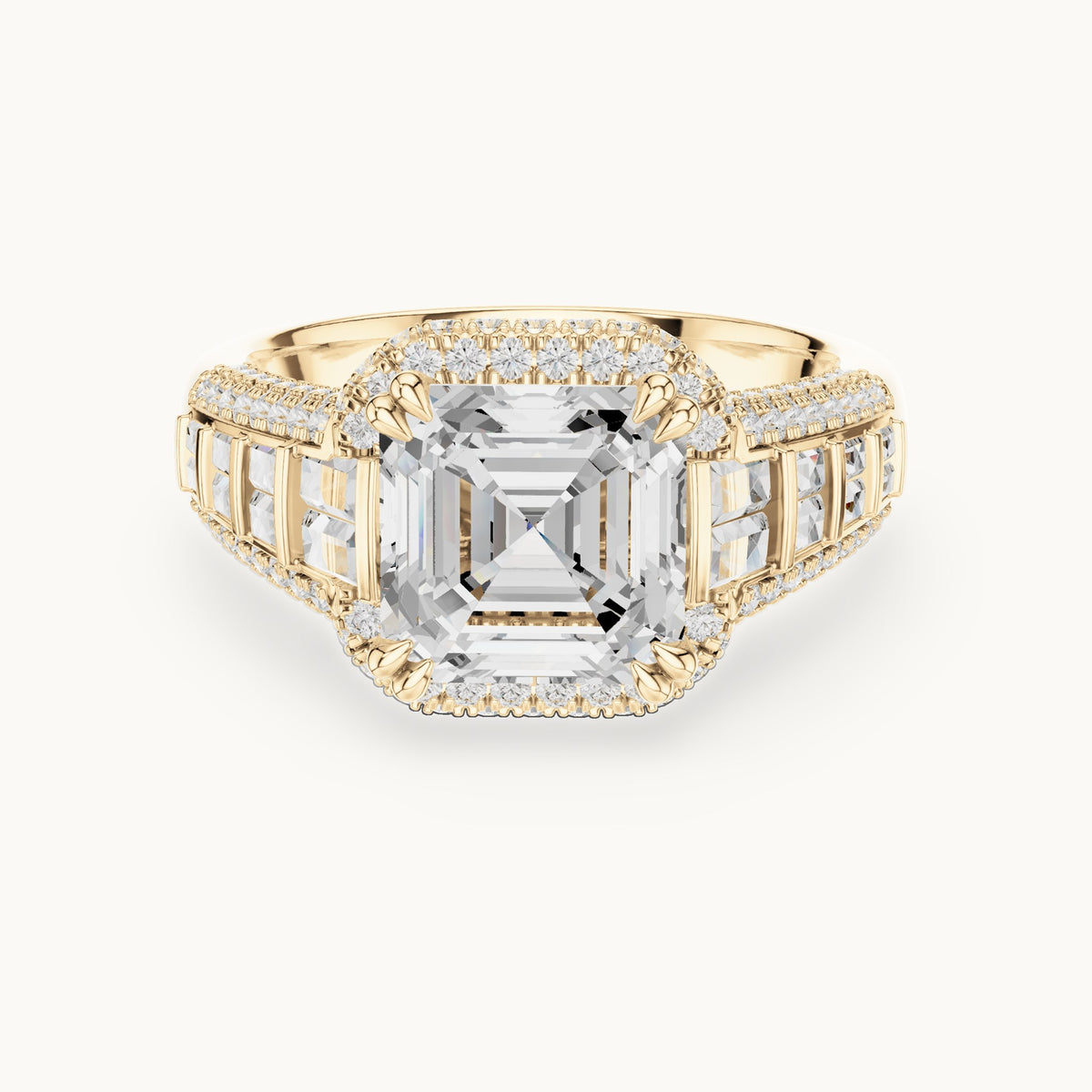 Asscher-cut, round and baguette lab-grown diamond baguette and pavé engagement ring in yellow gold, 4.088 CT TW, view 4
