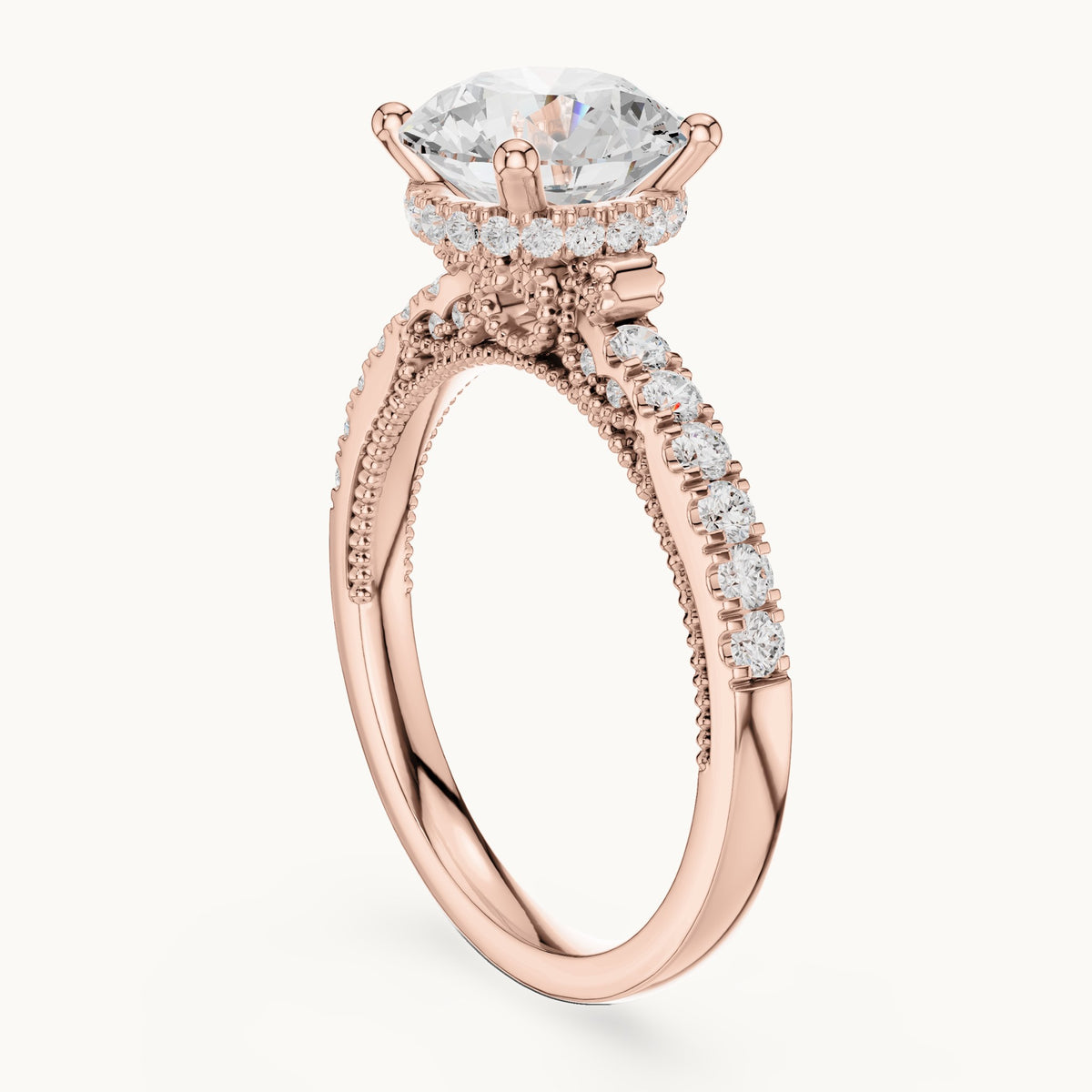 Round lab-grown diamond cathedral pavé engagement ring in rose gold, 2.624 CT TW, view 1