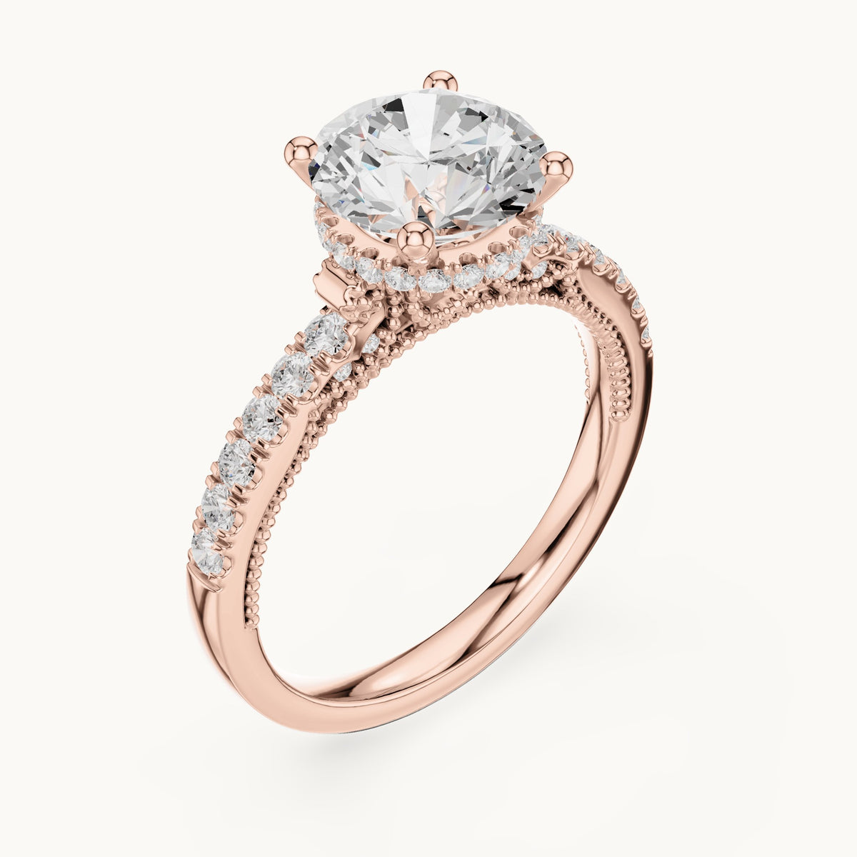 Round lab-grown diamond cathedral pavé engagement ring in rose gold, 2.624 CT TW, view 2