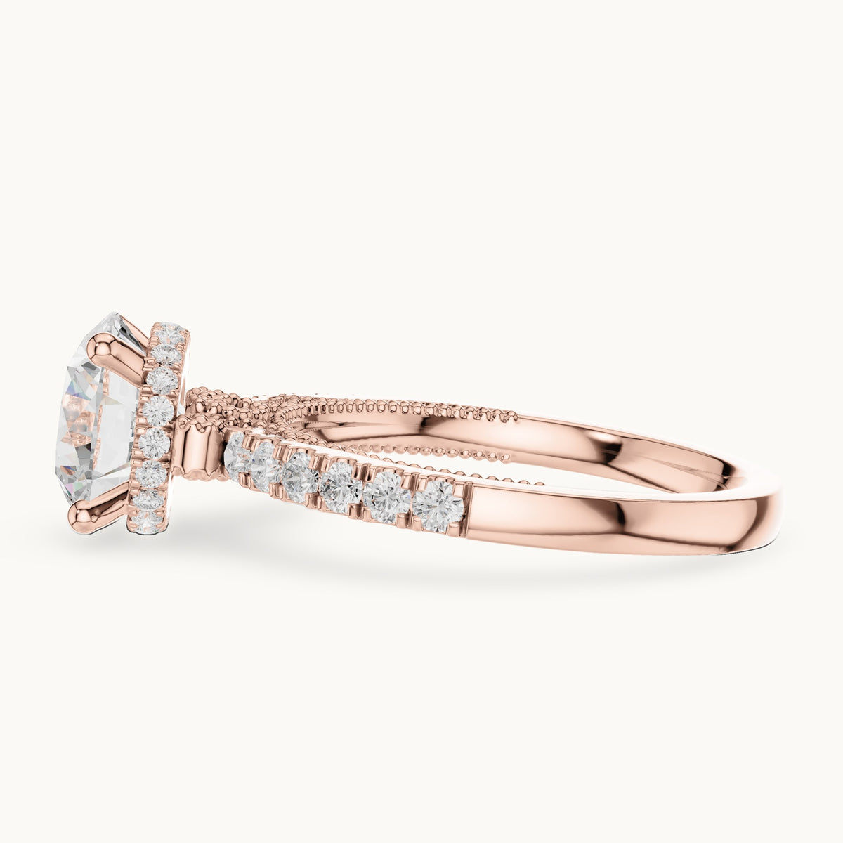 Round lab-grown diamond cathedral pavé engagement ring in rose gold, 2.624 CT TW, view 3