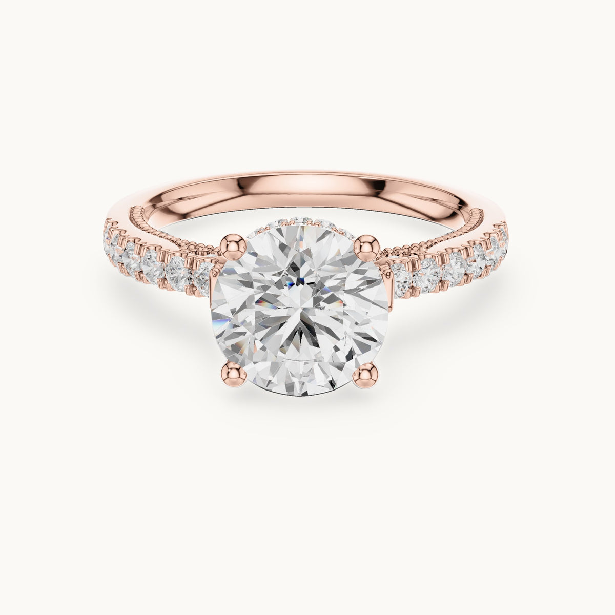 Round lab-grown diamond cathedral pavé engagement ring in rose gold, 2.624 CT TW, view 4
