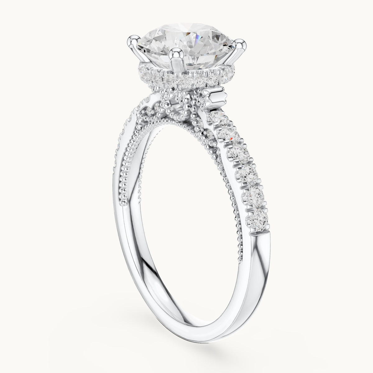 Round lab-grown diamond cathedral pavé engagement ring in white gold, 2.624 CT TW, view 1
