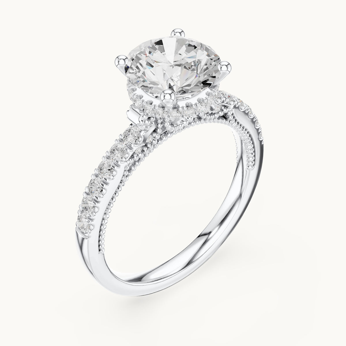 Round lab-grown diamond cathedral pavé engagement ring in white gold, 2.624 CT TW, view 2