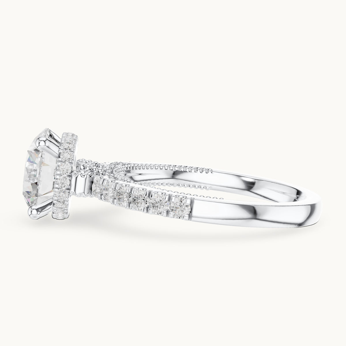 Round lab-grown diamond cathedral pavé engagement ring in white gold, 2.624 CT TW, view 3