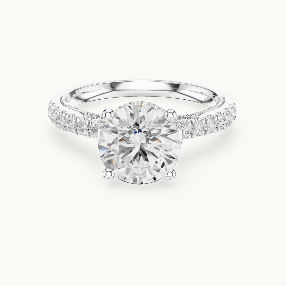 Round lab-grown diamond cathedral pavé engagement ring in white gold, 2.624 CT TW, view 4