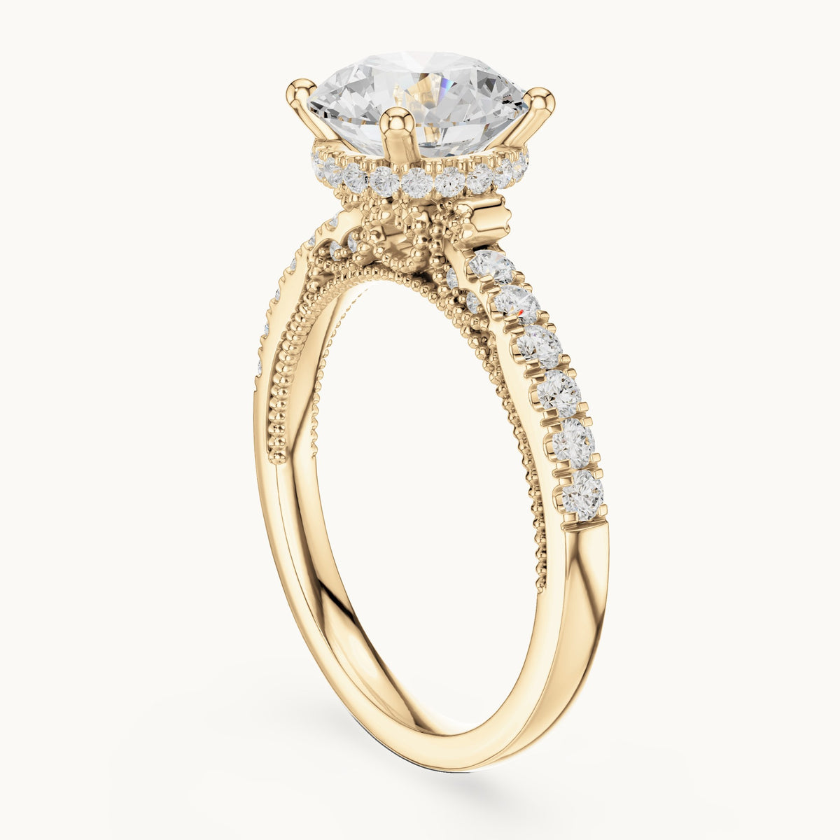 Round lab-grown diamond cathedral pavé engagement ring in yellow gold, 2.624 CT TW, view 1