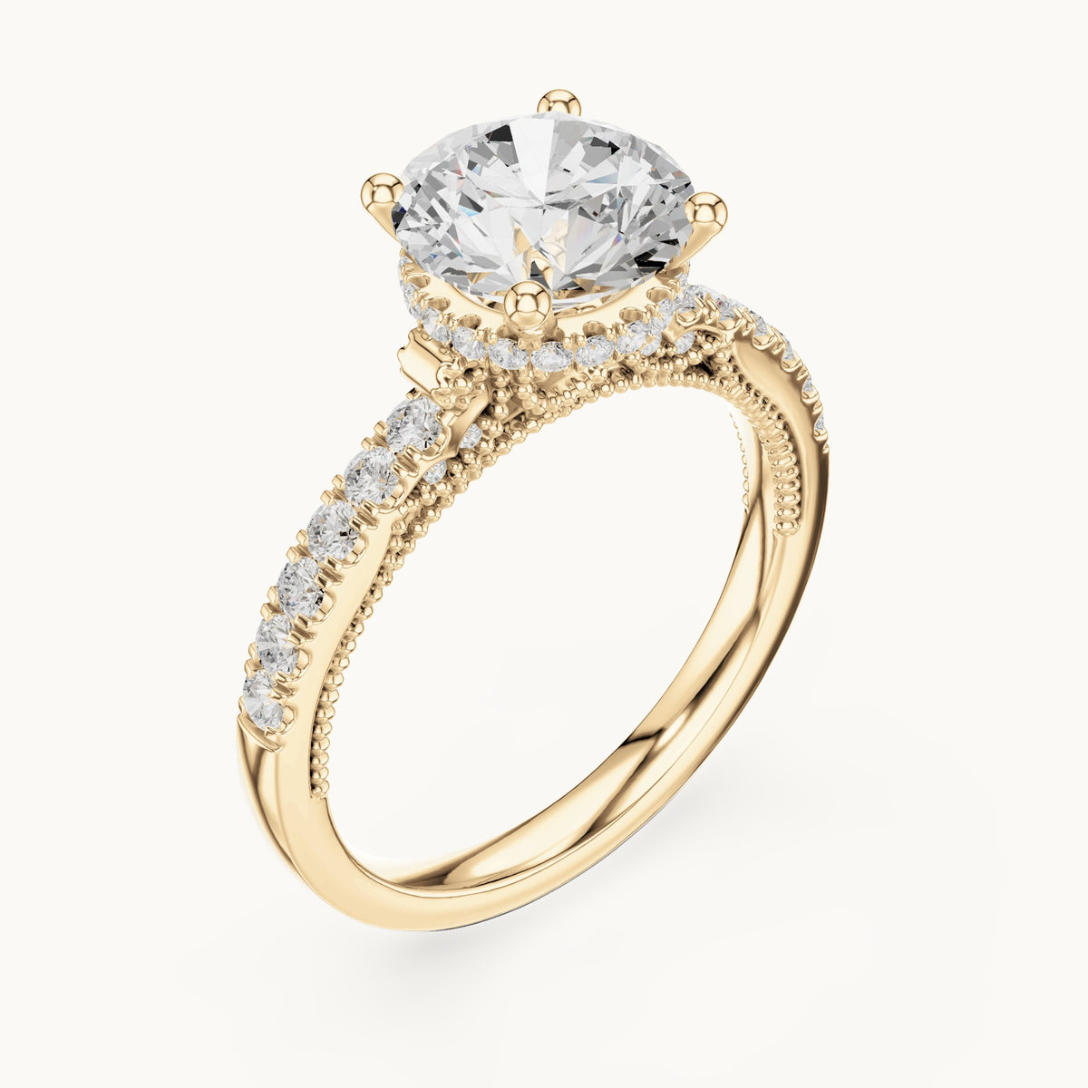 Round lab-grown diamond cathedral pavé engagement ring in yellow gold, 2.624 CT TW, view 2