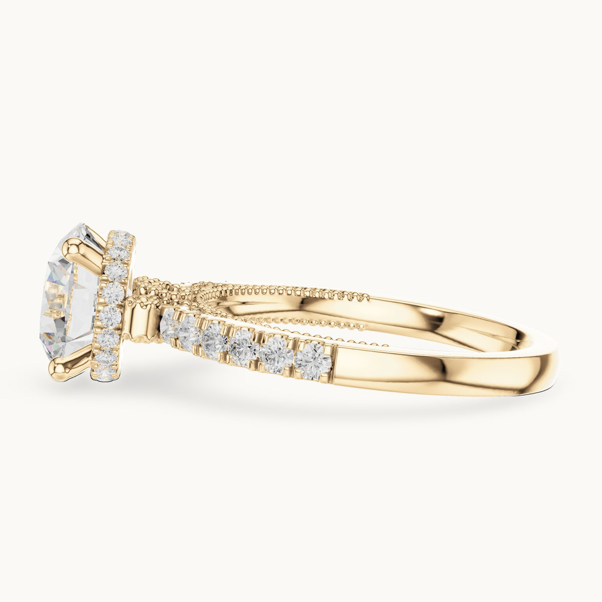 Round lab-grown diamond cathedral pavé engagement ring in yellow gold, 2.624 CT TW, view 3