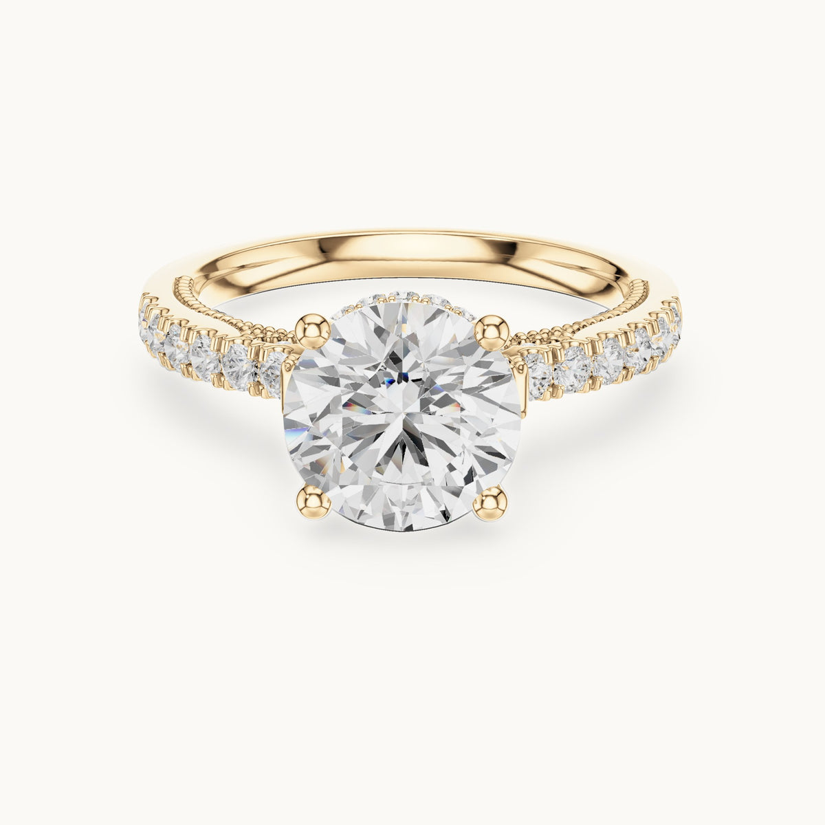 Round lab-grown diamond cathedral pavé engagement ring in yellow gold, 2.624 CT TW, view 4
