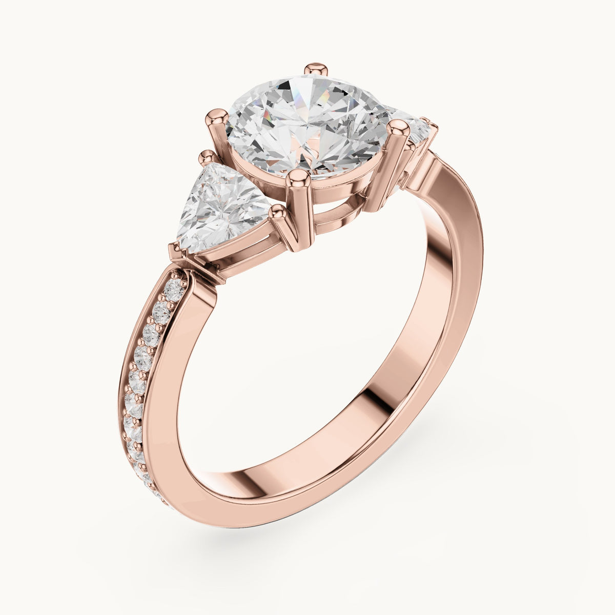 Round and trillion lab-grown diamond three-stone engagement ring with trillion side stones in rose gold, 2.188 CT TW, view 2
